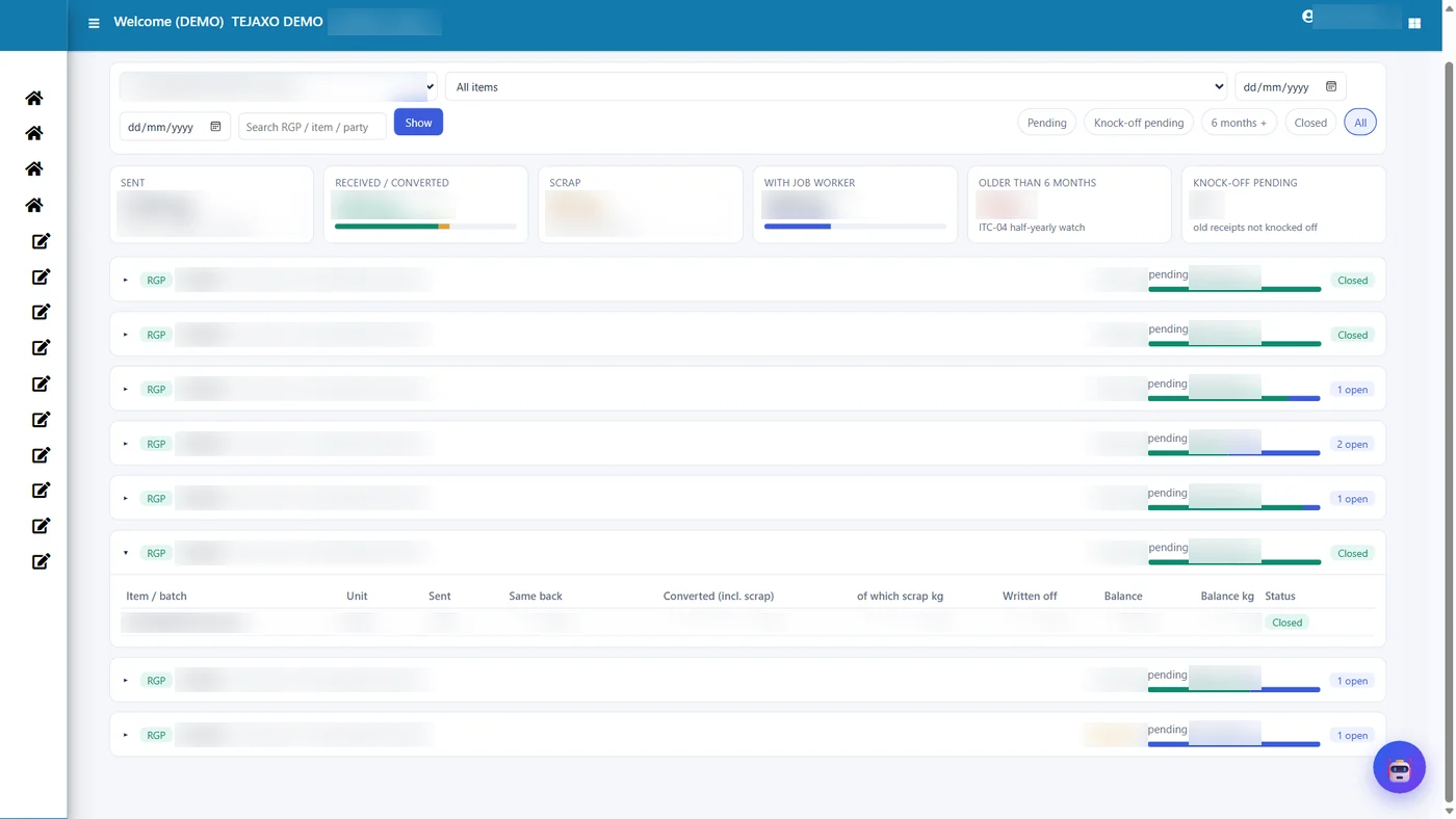 Tejaxo ERP returnable gate pass reconciliation dashboard with pending and closed challans