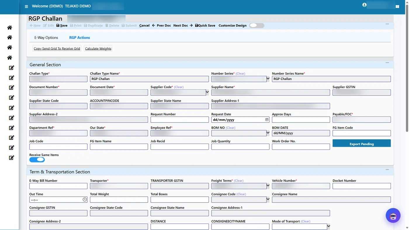 Tejaxo ERP RGP challan form for sending material to a job worker