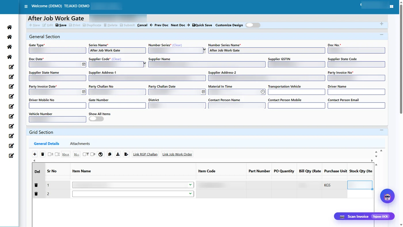 Tejaxo ERP after job work gate entry screen with Link RGP Challan option