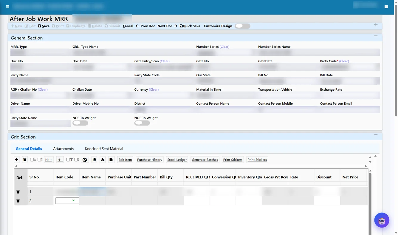 Tejaxo ERP after job work MRR screen