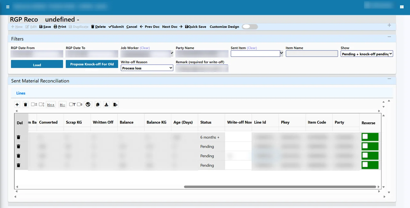Tejaxo ERP RGP reconciliation screen