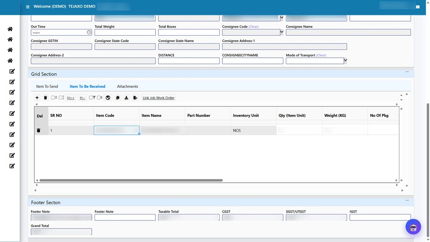 Tejaxo ERP job work challan grid with quantity in pieces and weight in kg columns