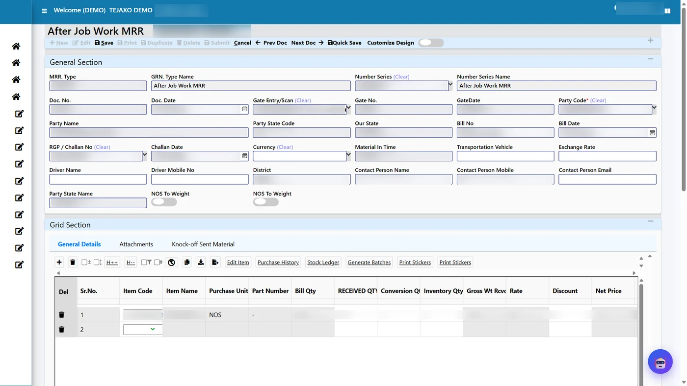 Tejaxo ERP after job work material receipt with bill quantity, conversion and inventory quantity columns