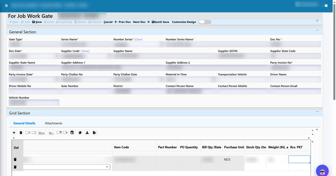 Tejaxo ERP for job work gate entry