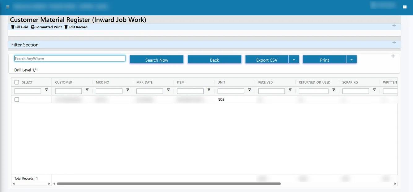 Tejaxo ERP customer material register