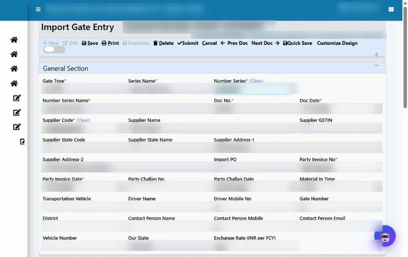Tejaxo ERP import gate entry screen with supplier, invoice and exchange rate fields