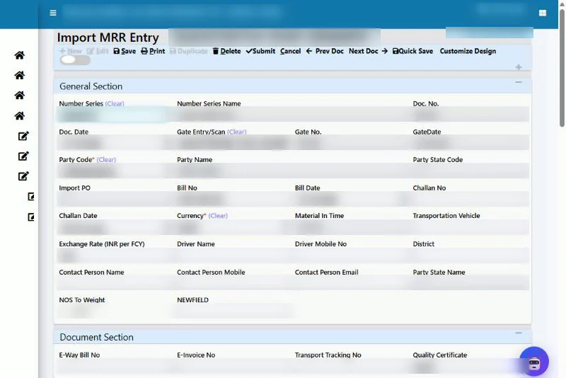 Tejaxo ERP import material receipt (MRR) entry screen