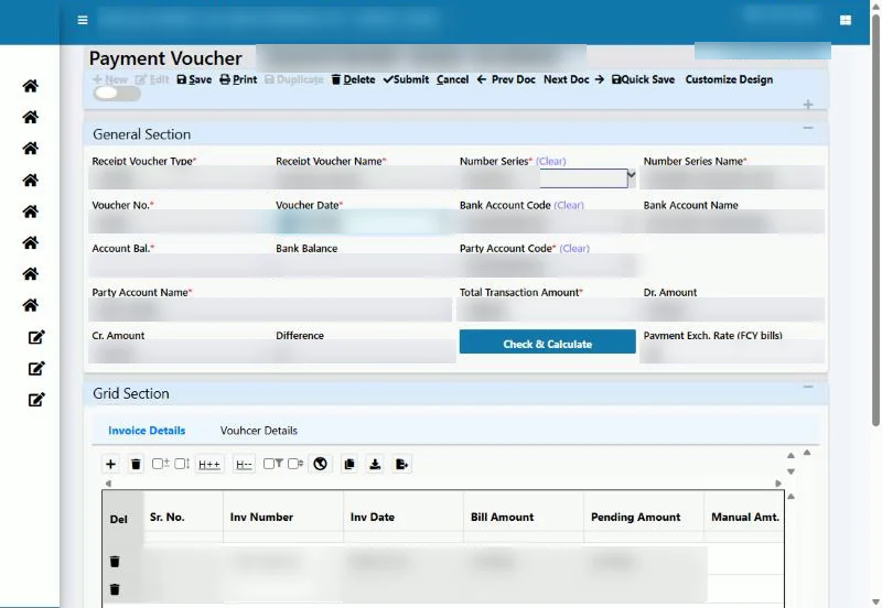 Tejaxo ERP payment voucher screen with invoice-wise settlement grid