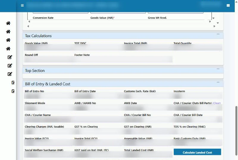 Tejaxo ERP bill of entry and landed cost calculation screen