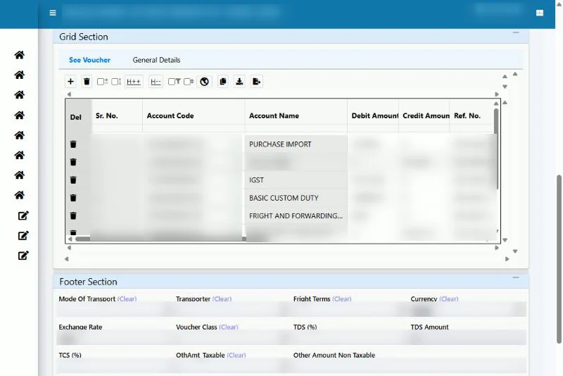 Tejaxo ERP import purchase voucher accounting grid