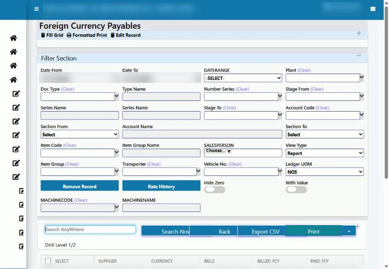 Tejaxo ERP foreign currency payables report filter screen