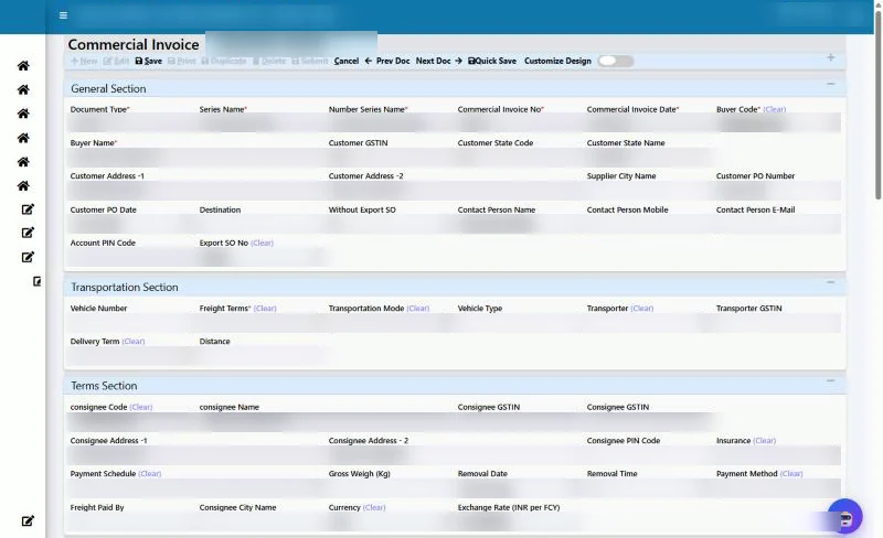 Tejaxo ERP export commercial invoice entry screen