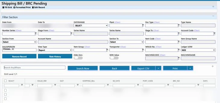 Tejaxo ERP shipping bill and BRC pending report