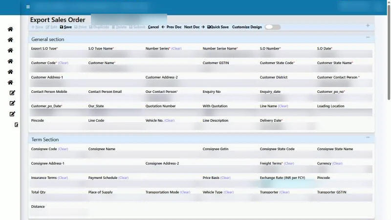 Tejaxo ERP export sales order entry screen