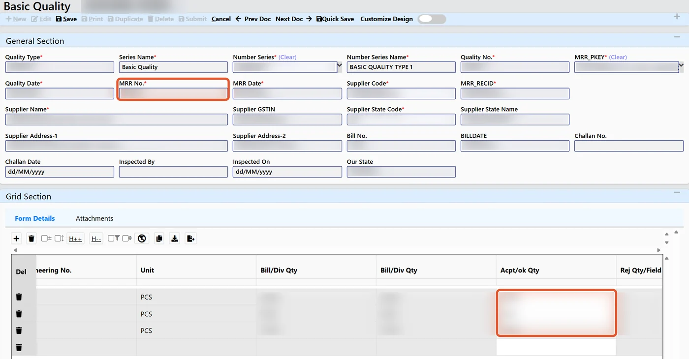 Tejaxo ERP basic quality inspection screen with accepted and rejected quantity columns
