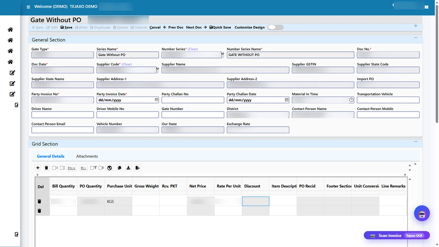 Tejaxo ERP gate entry without purchase order screen