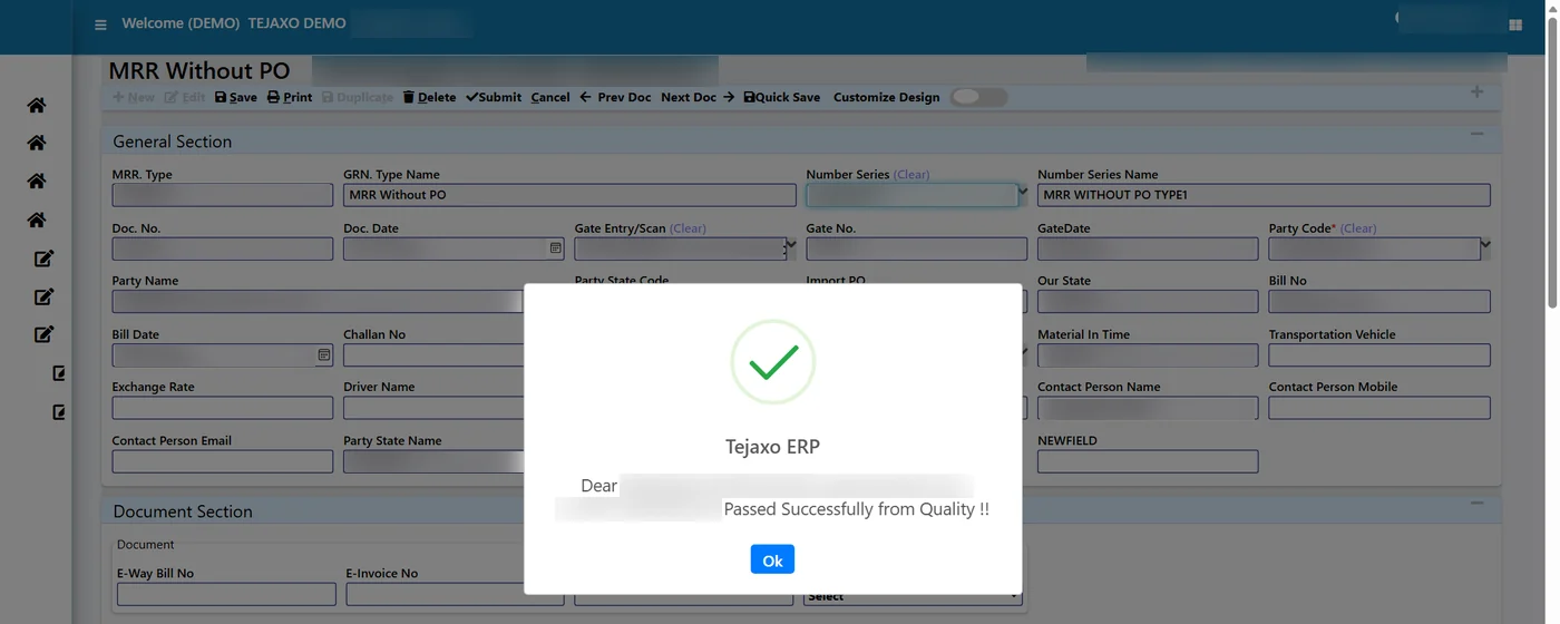 Tejaxo ERP material receipt note screen with a passed-from-quality confirmation