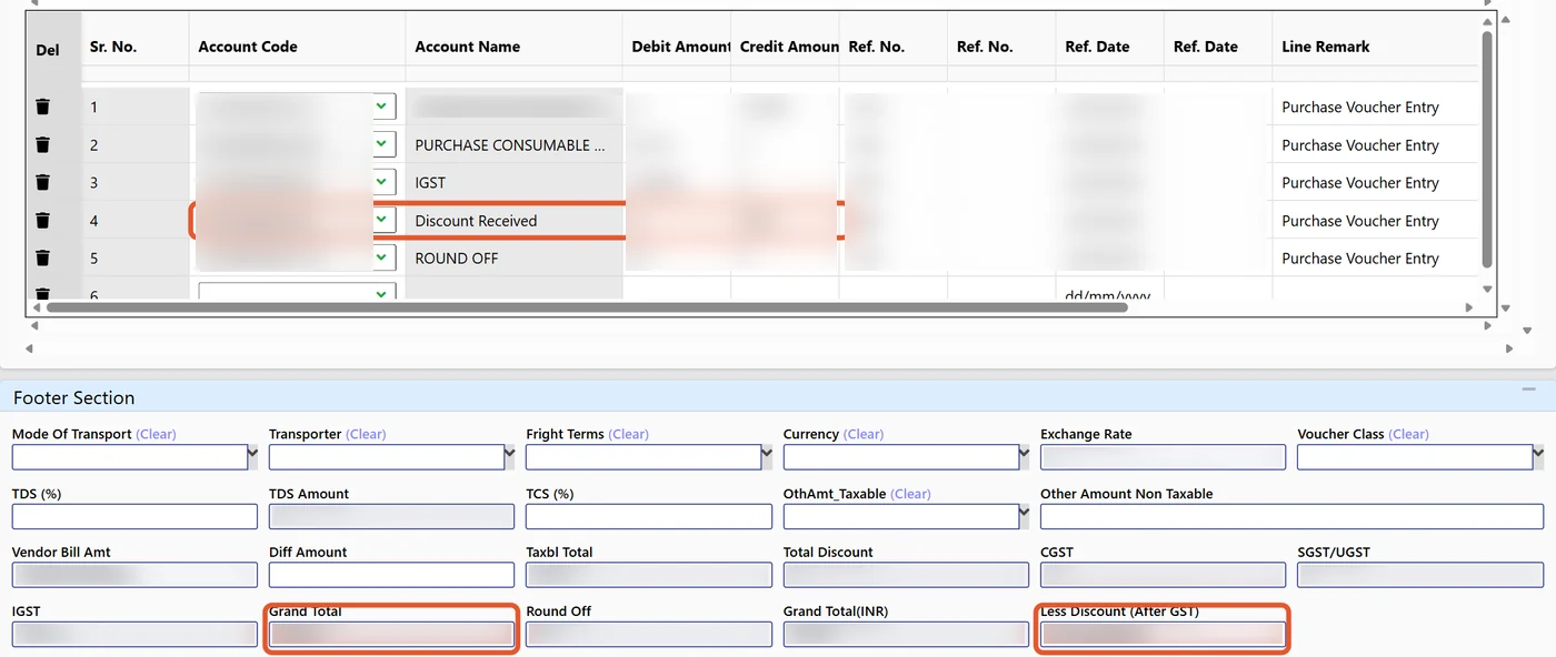 Tejaxo ERP purchase voucher accounting lines showing purchase, IGST, discount received and round off