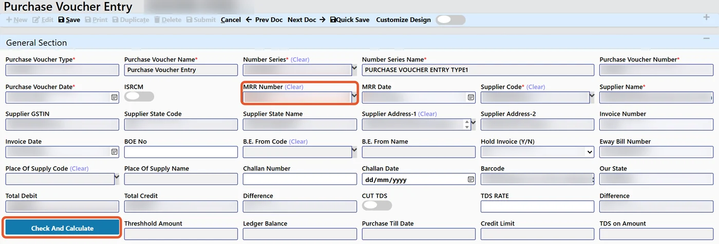 Tejaxo ERP purchase voucher entry form with Check And Calculate button