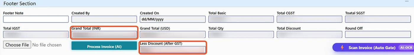 Tejaxo ERP bill footer with the Less Discount After GST field