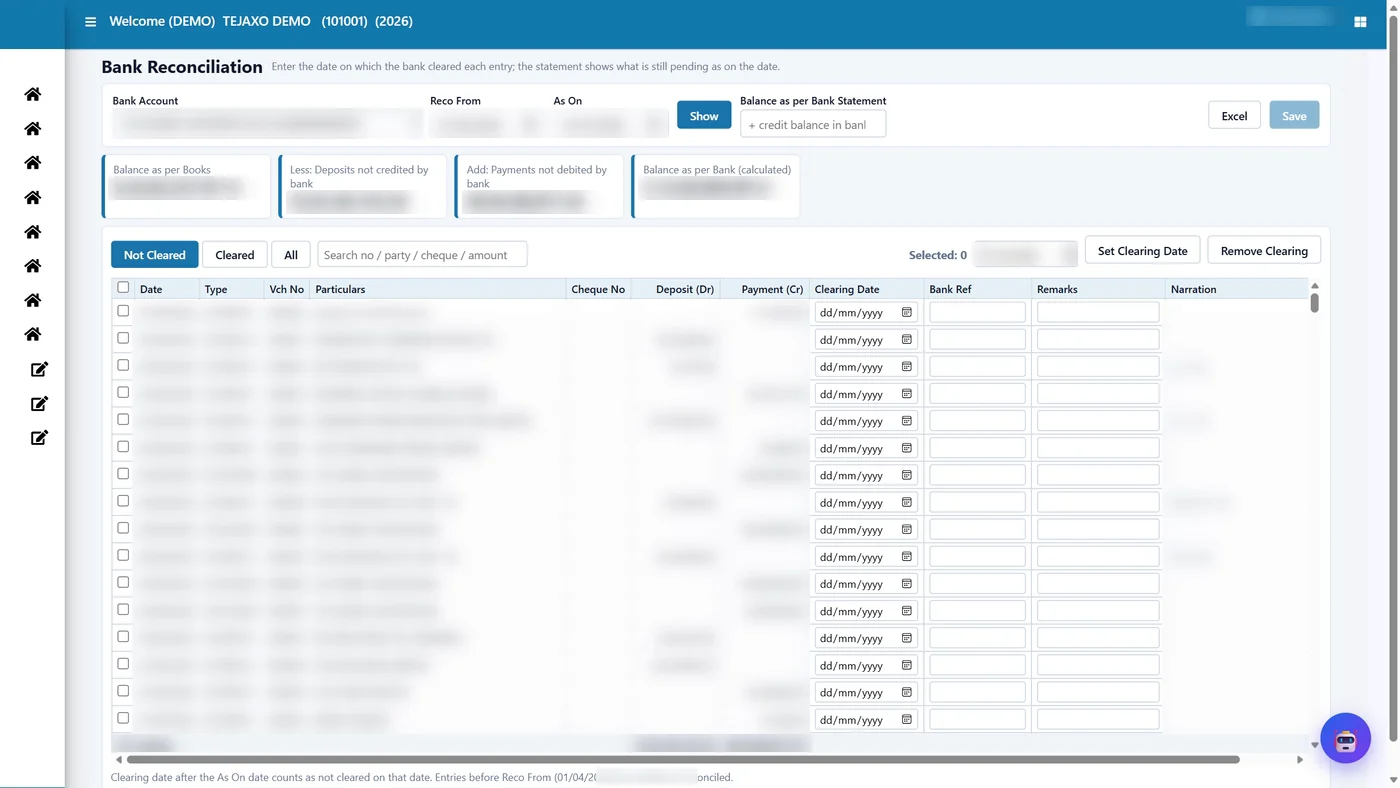 Tejaxo ERP bank reconciliation screen listing entries not yet cleared