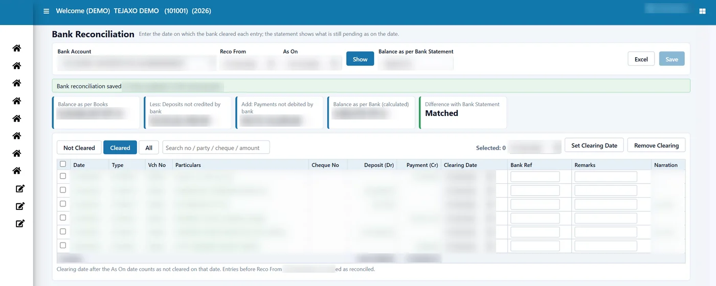 Tejaxo ERP bank reconciliation showing cleared entries and a matched difference