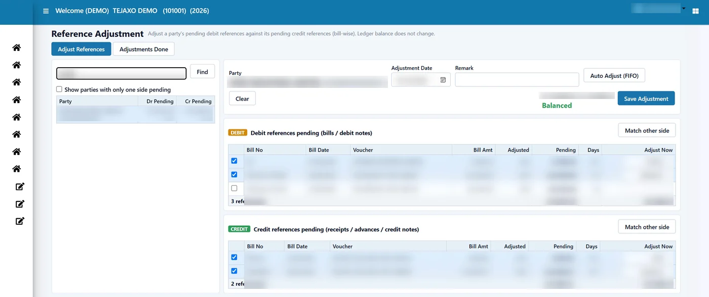 Tejaxo ERP reference adjustment screen with debit and credit references balanced