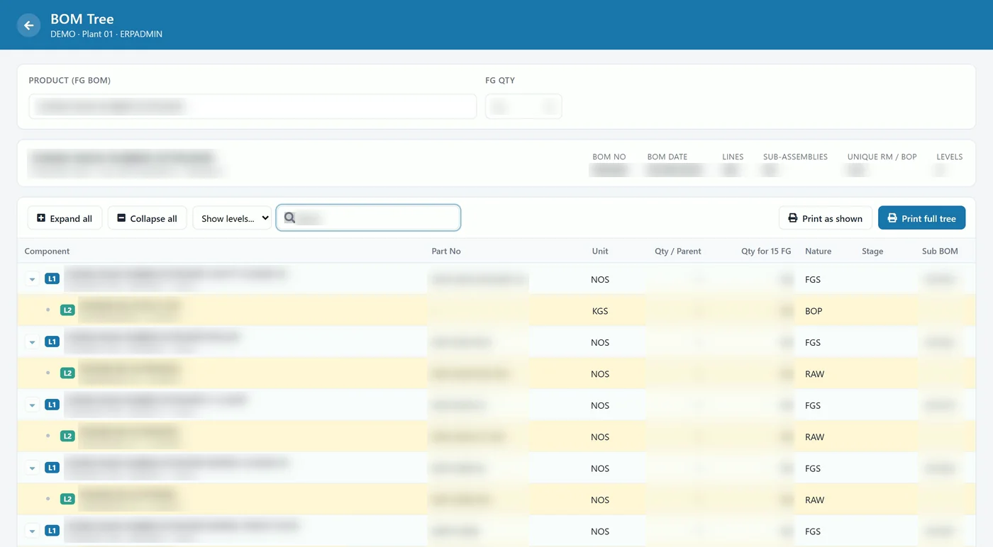 Tejaxo ERP BOM tree search with highlighted component rows