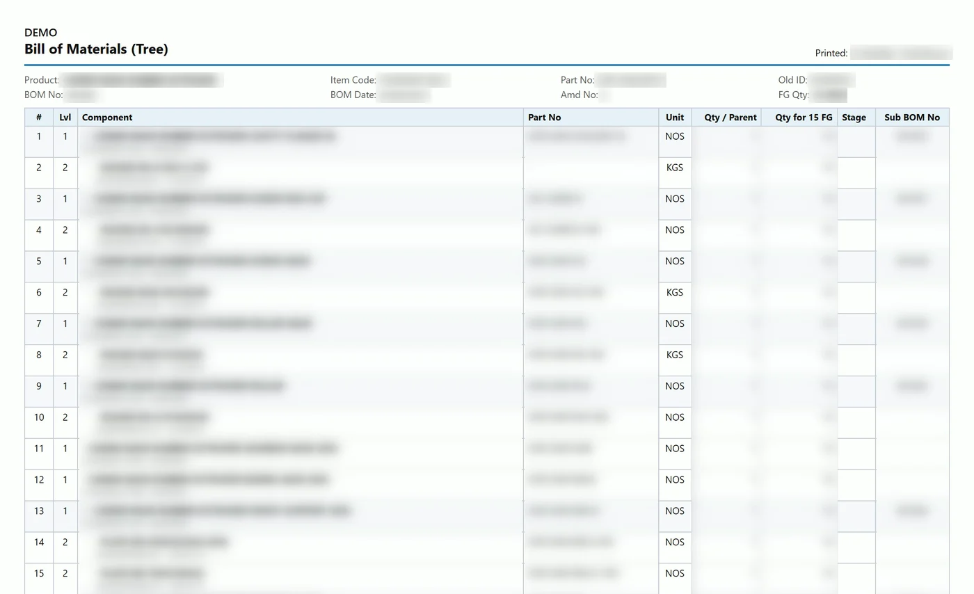 Tejaxo ERP printed multi-level bill of materials report