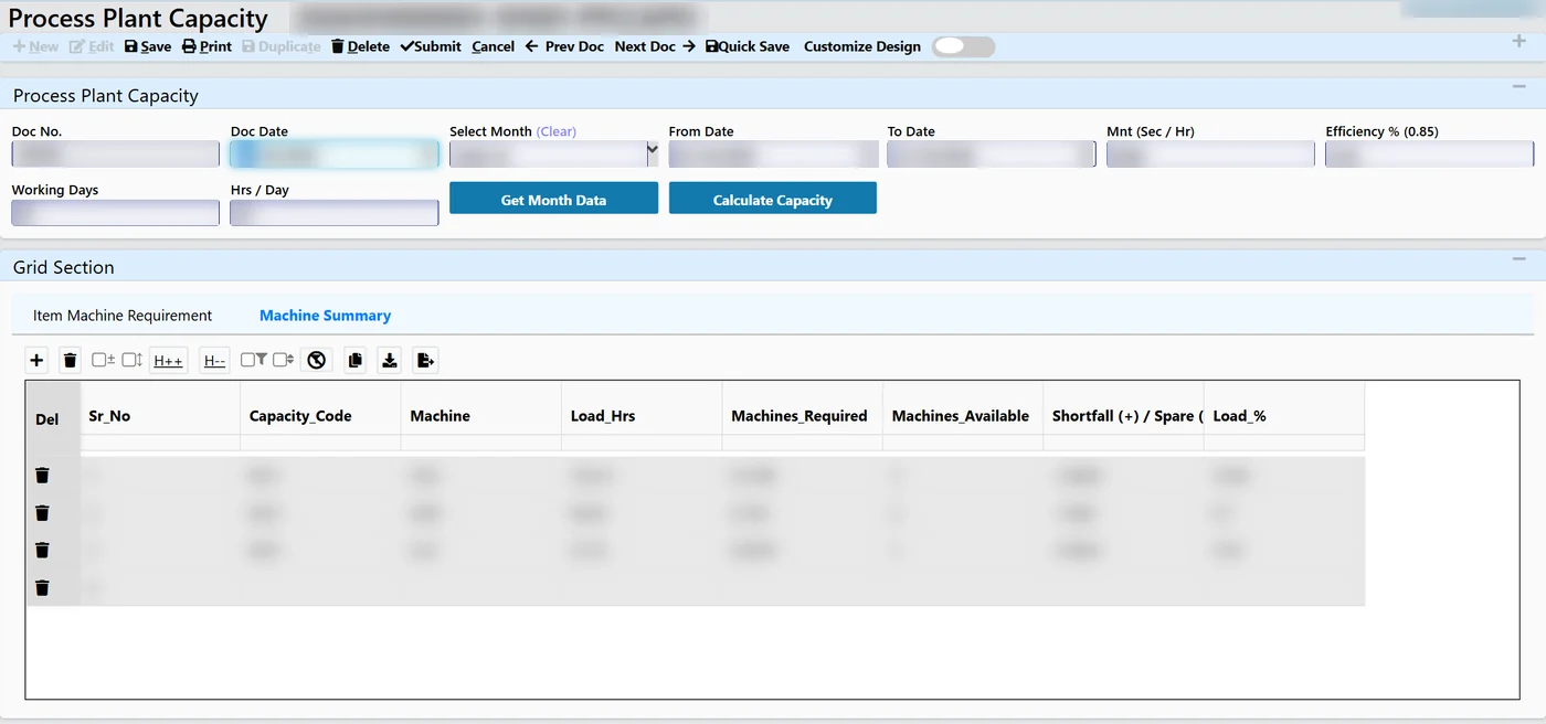 Tejaxo ERP process plant capacity machine summary screen