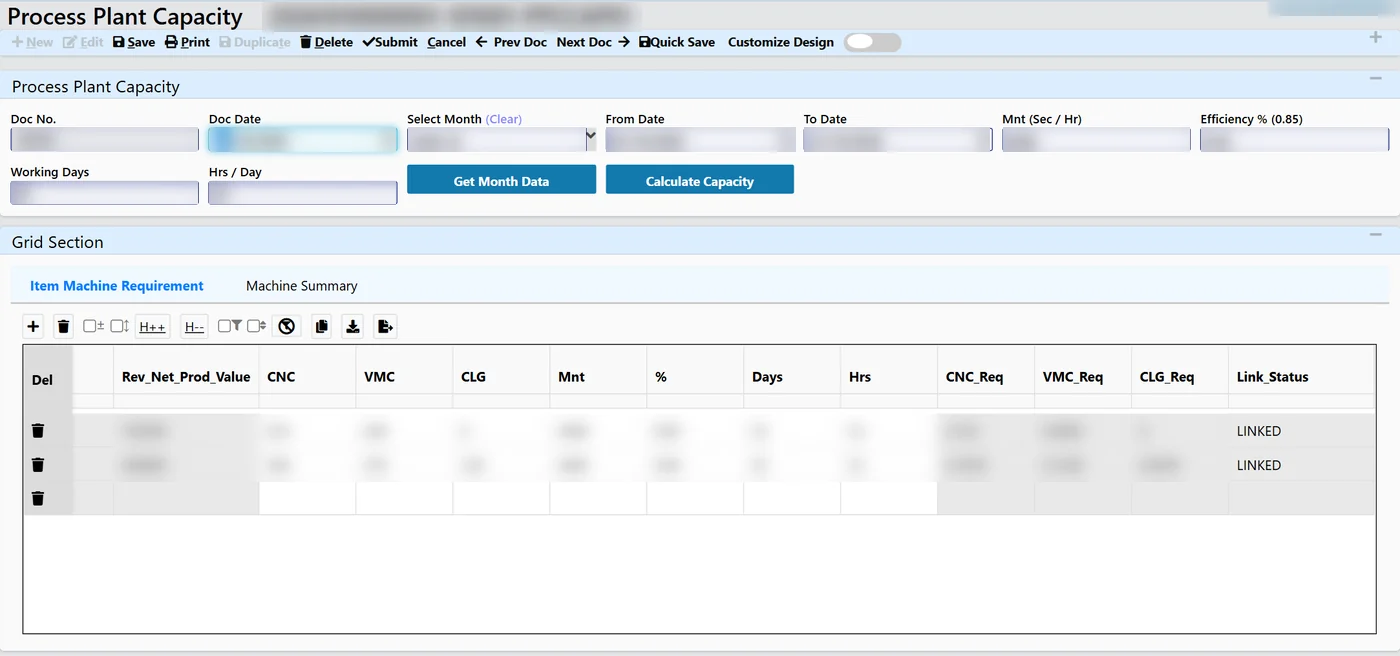 Tejaxo ERP item machine requirement grid in the plant capacity screen