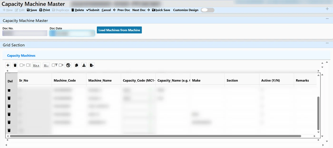 Tejaxo ERP capacity machine master screen