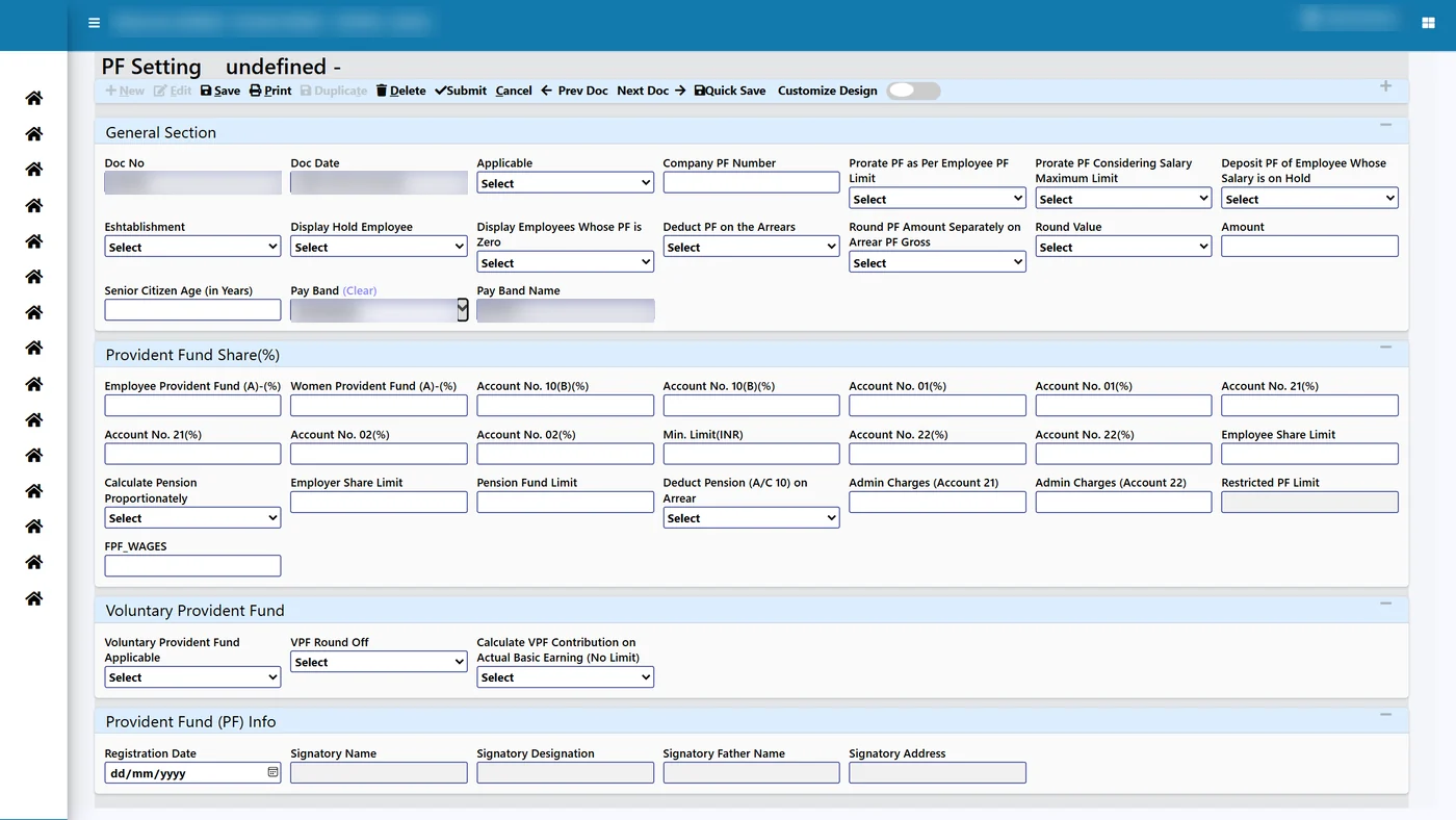 Tejaxo ERP PF setting screen for a pay band