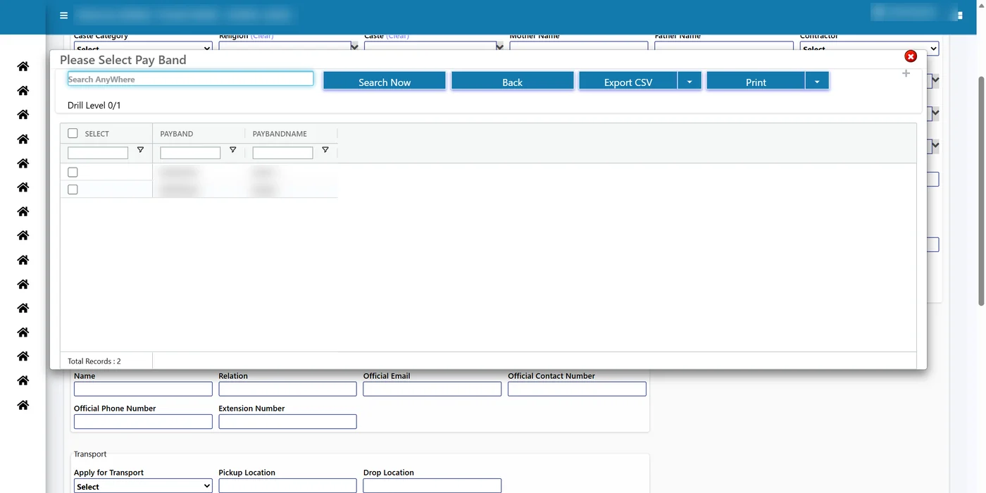 Tejaxo ERP pay band selection list