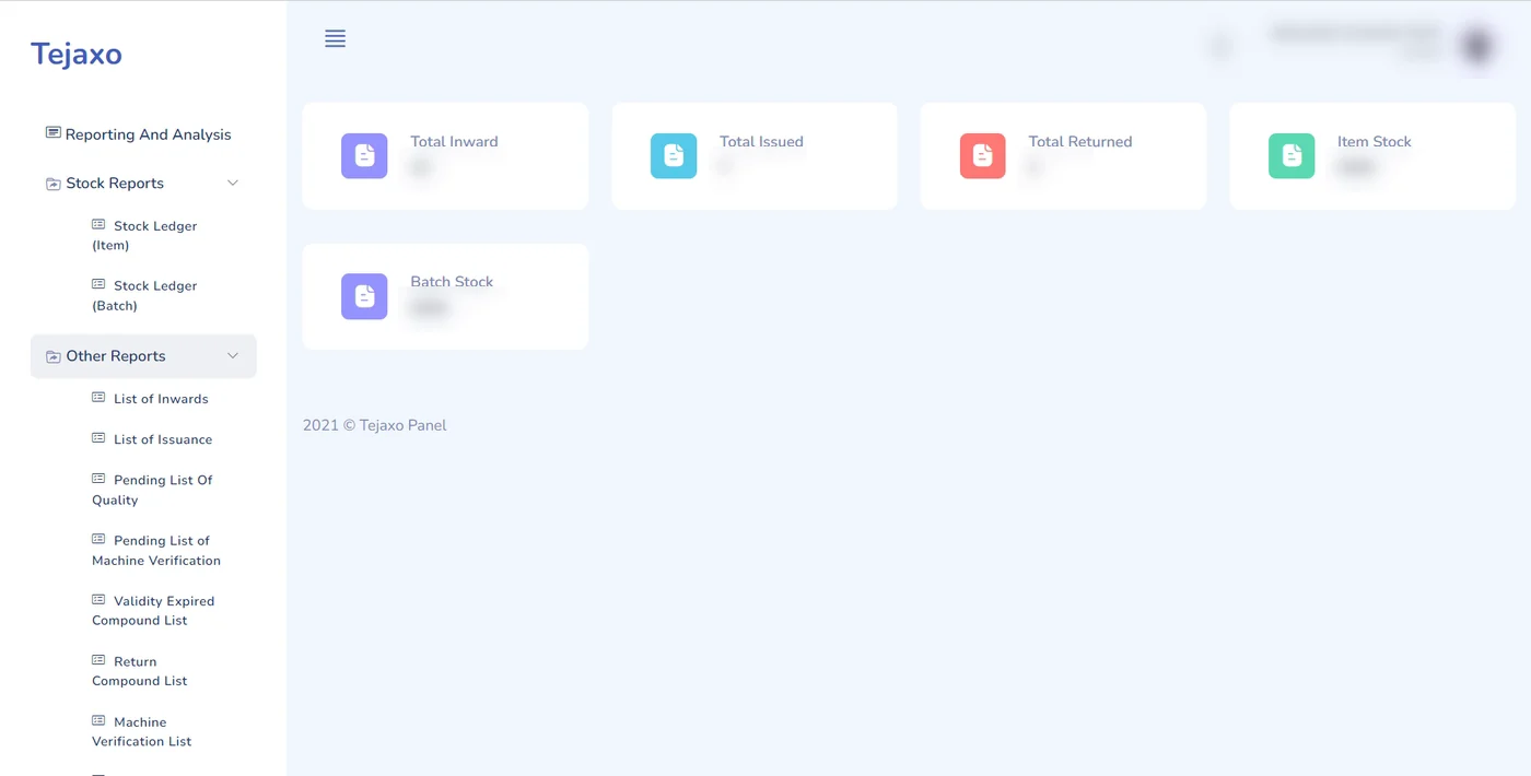 Tejaxo traceability web portal dashboard with stock summary cards and report menu