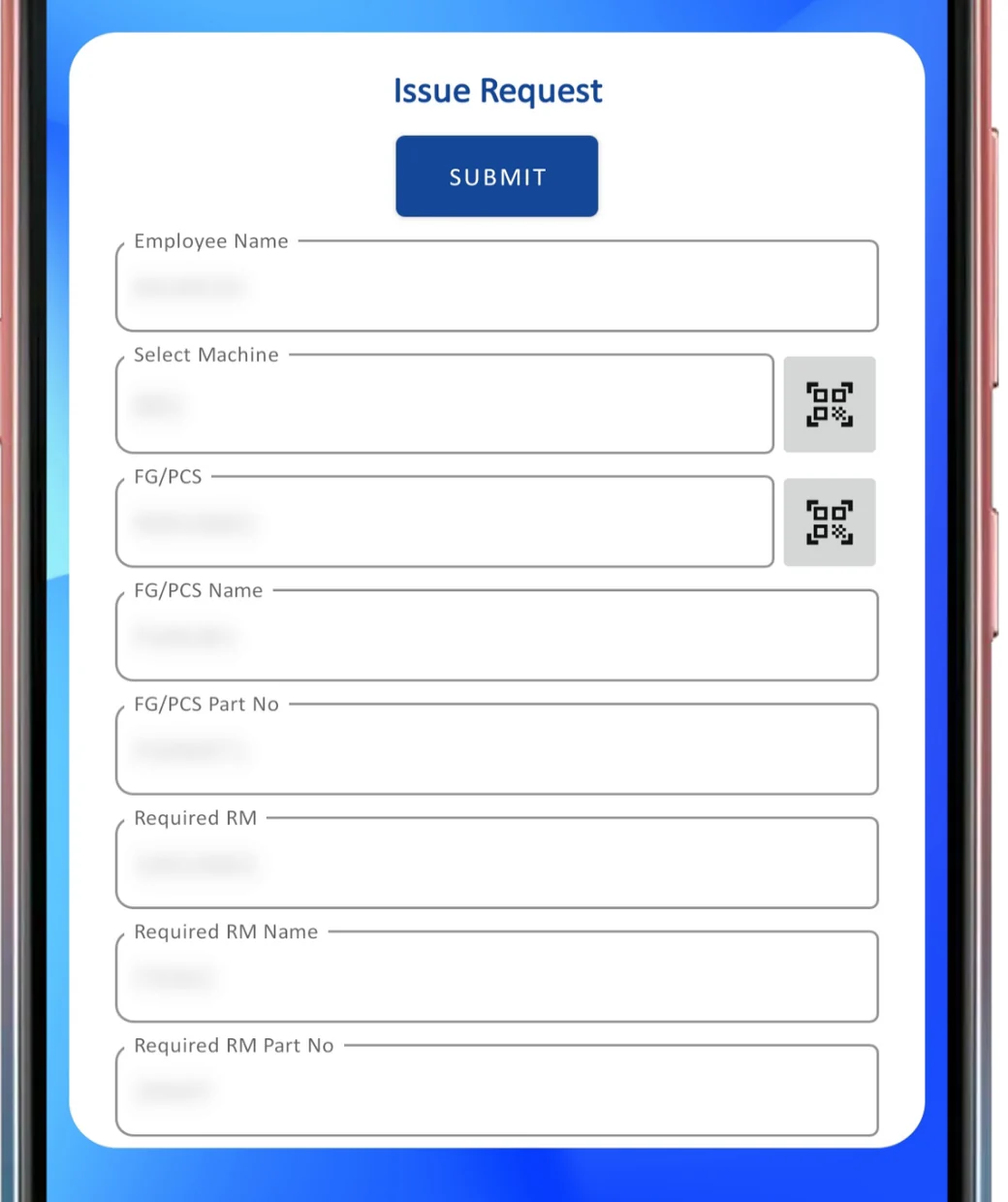 Mobile app issue request form with QR scan buttons for machine and part