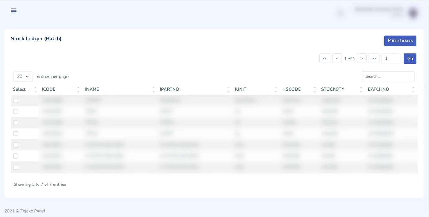 Stock ledger by batch with item code, part number, quantity and batch number columns