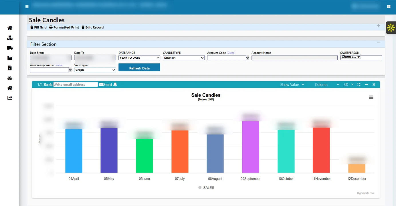 Tejaxo ERP month-wise sales column chart with filter section