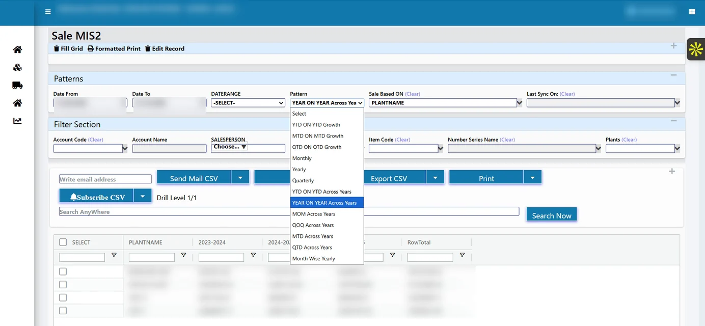 Tejaxo ERP sales MIS report grouped by plant with pattern selection list