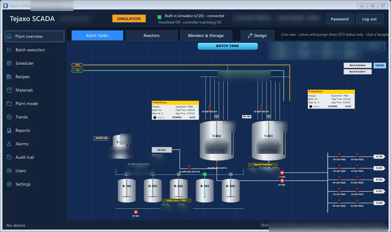 Tejaxo SCADA plant overview graphic with batch tanks, reactors and glycol lines
