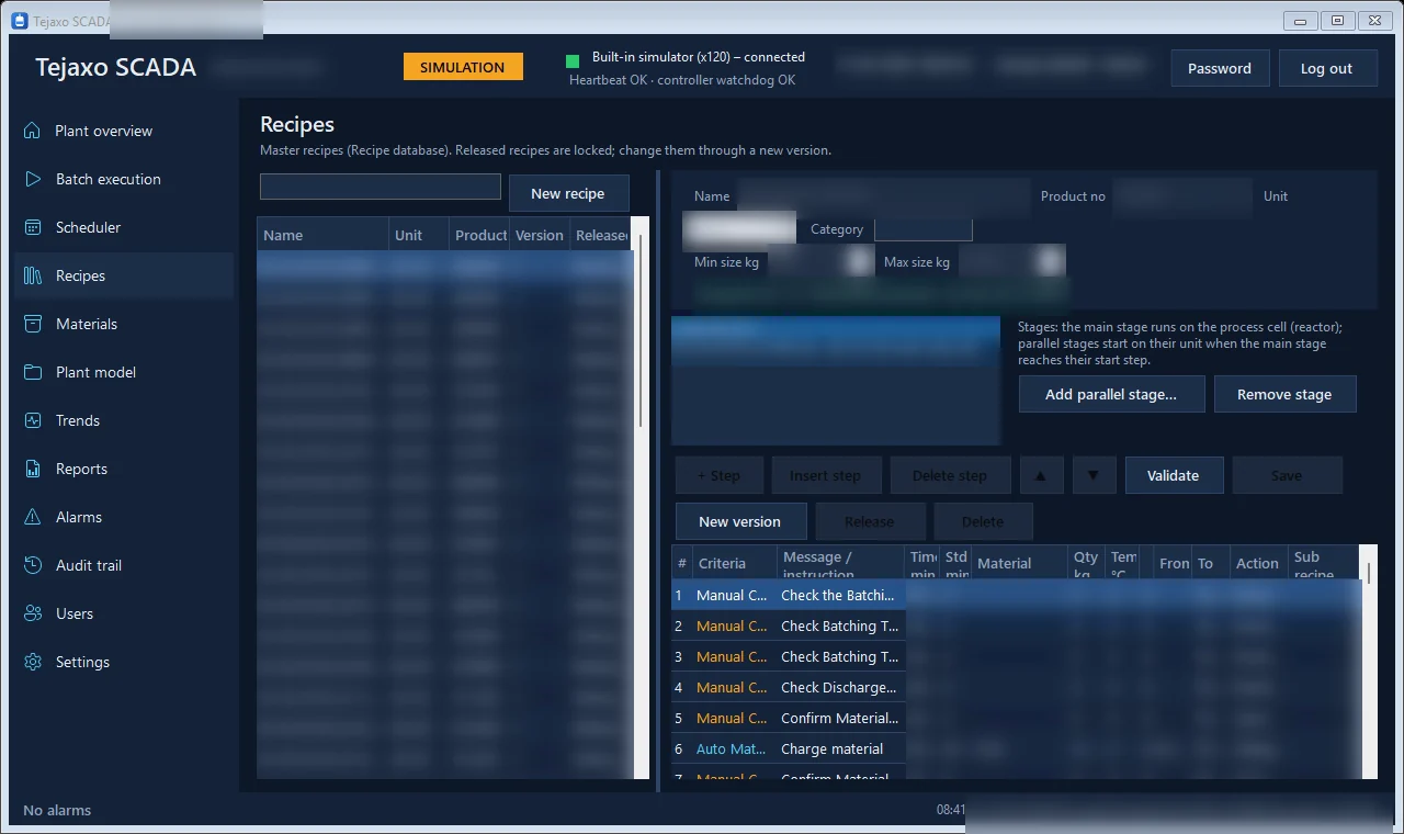 Tejaxo SCADA recipe list with recipe steps, stages and version controls