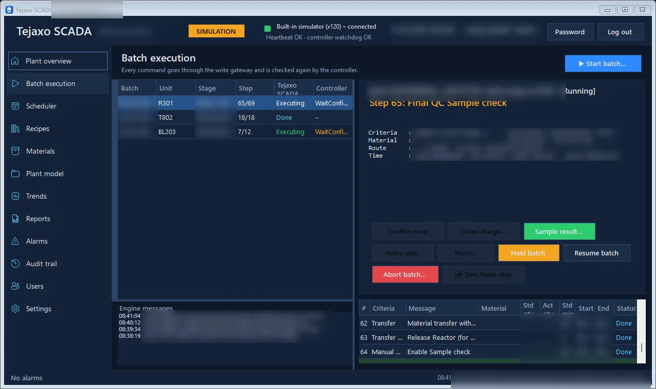 Tejaxo SCADA batch execution screen with step controls such as confirm step, hold and abort