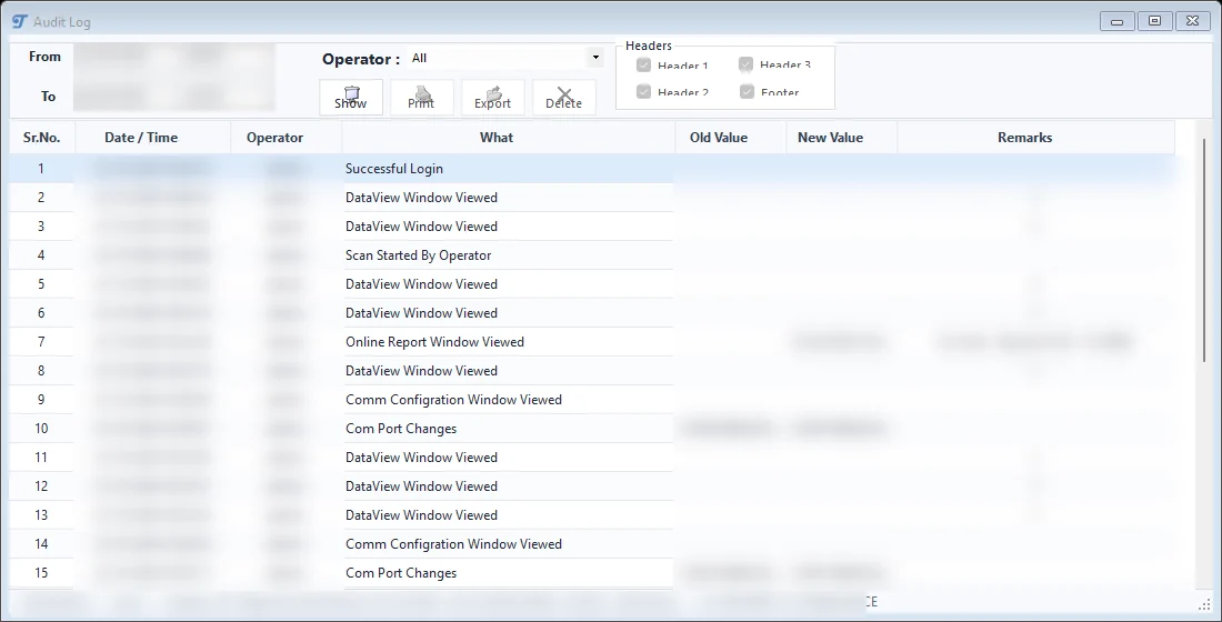 Tejaxo Logger audit log screen with operator actions