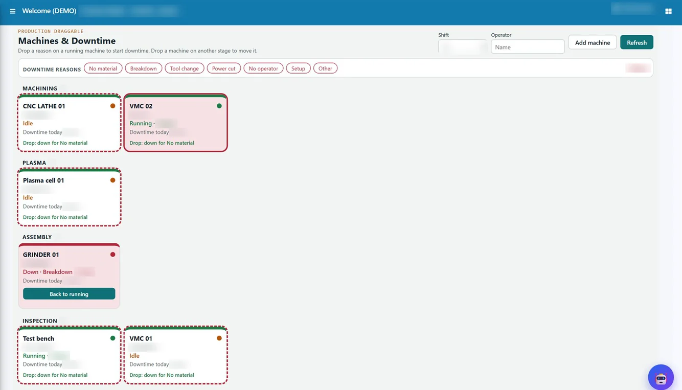 Tejaxo ERP machines and downtime board with machine cards and downtime reasons