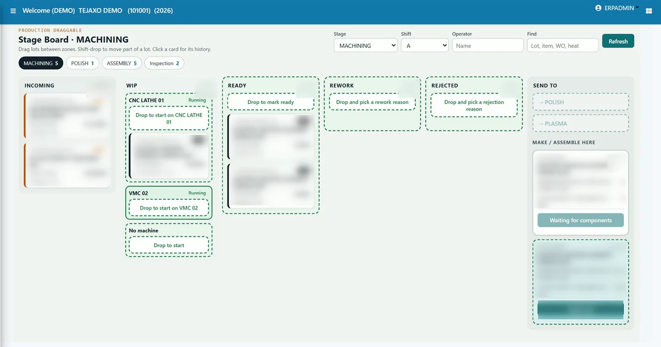 Tejaxo ERP drag-and-drop stage board with incoming, WIP, ready, rework and rejected zones
