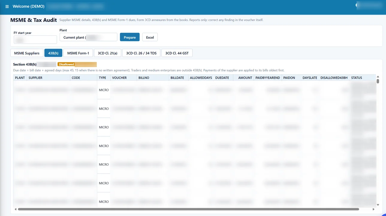 Tejaxo ERP MSME and tax audit screen with the 43B(h) report
