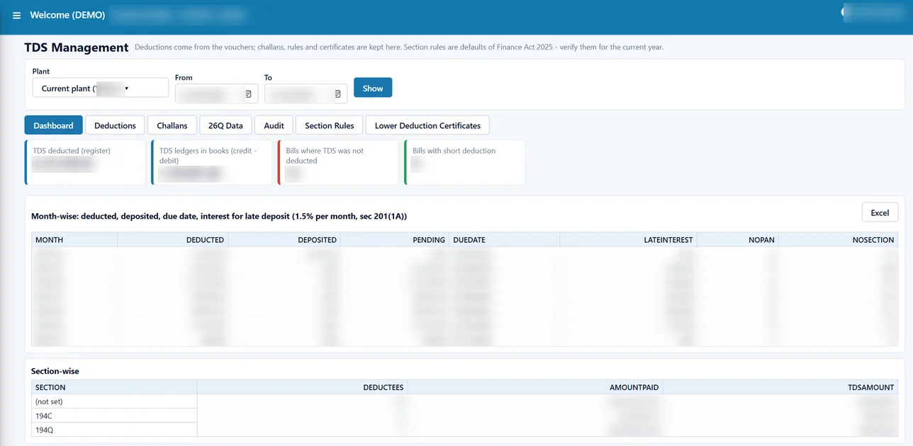 Tejaxo ERP TDS management dashboard
