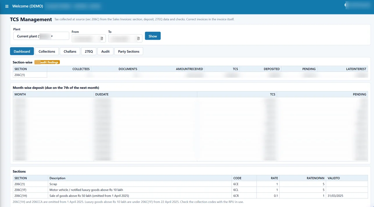 Tejaxo ERP TCS management dashboard with section 206C rates