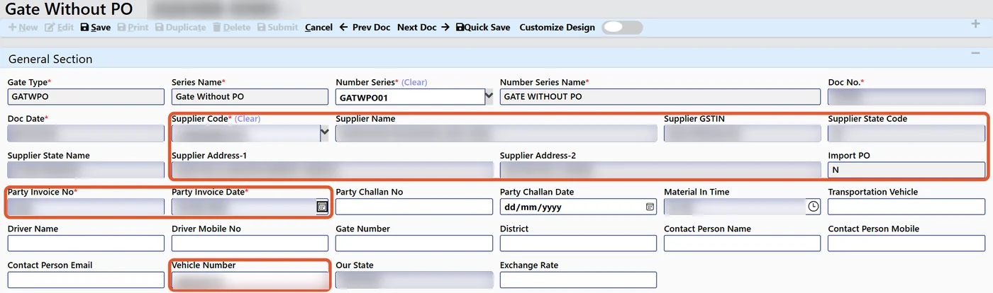 Tejaxo ERP gate entry without PO screen with supplier and invoice fields highlighted