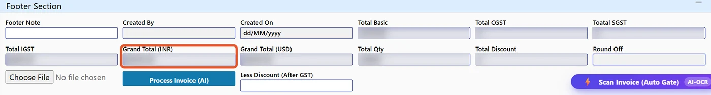 Tejaxo ERP footer section with AI invoice processing and scan invoice buttons